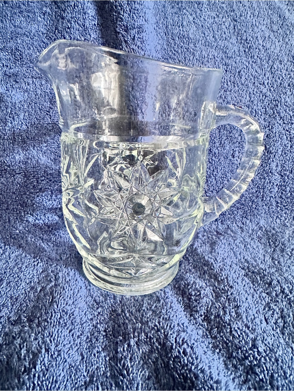 Vintage Anchor Hocking USA Pitcher clear glass starburst prescut 16 oz 5.5”Tall